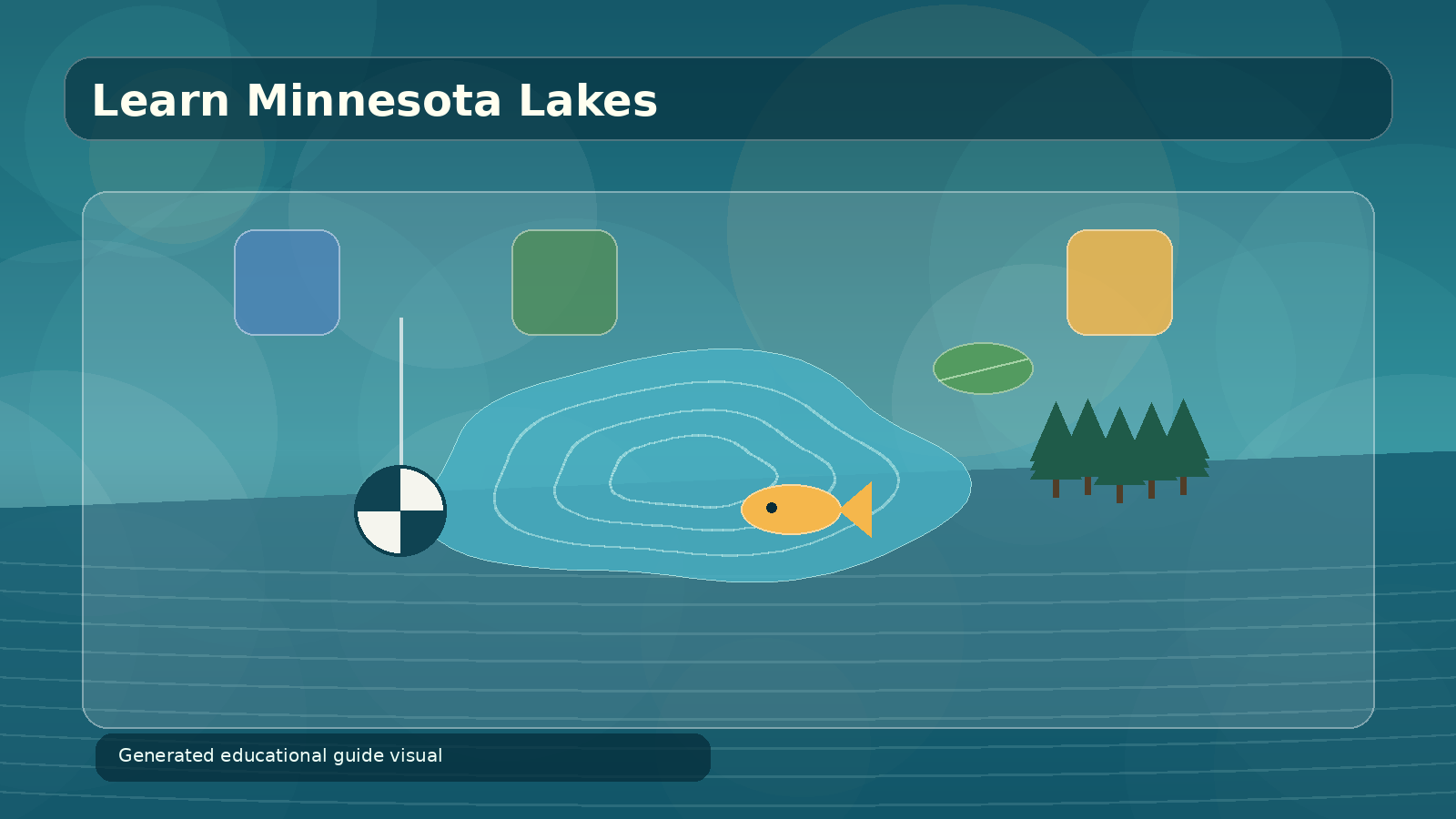 Generated educational lake ecology cross-section visual with shoreline plants, water layers, fish, and a Secchi disk concept for the Learn page.