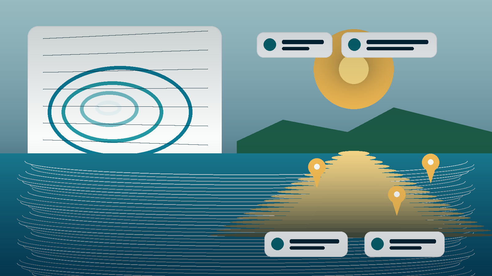 Generated maps and tools visual with abstract bathymetry contours, locator pins, lake water, and guide panels for the Maps page.