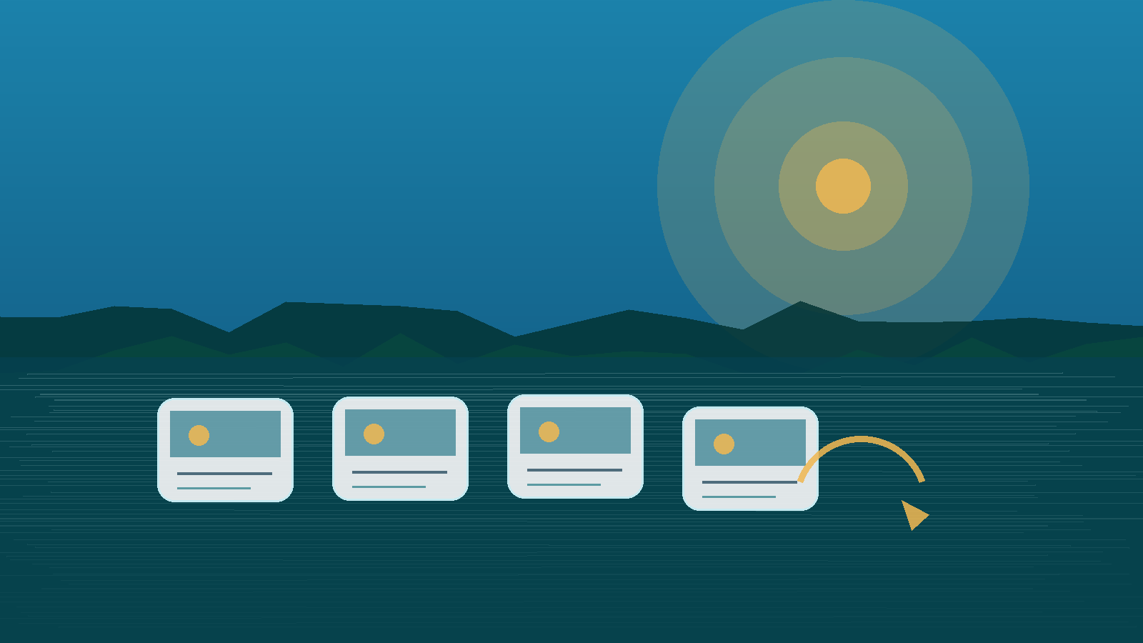 Generated community submission visual with photo cards, comment panels, lake water, and review flow motif.