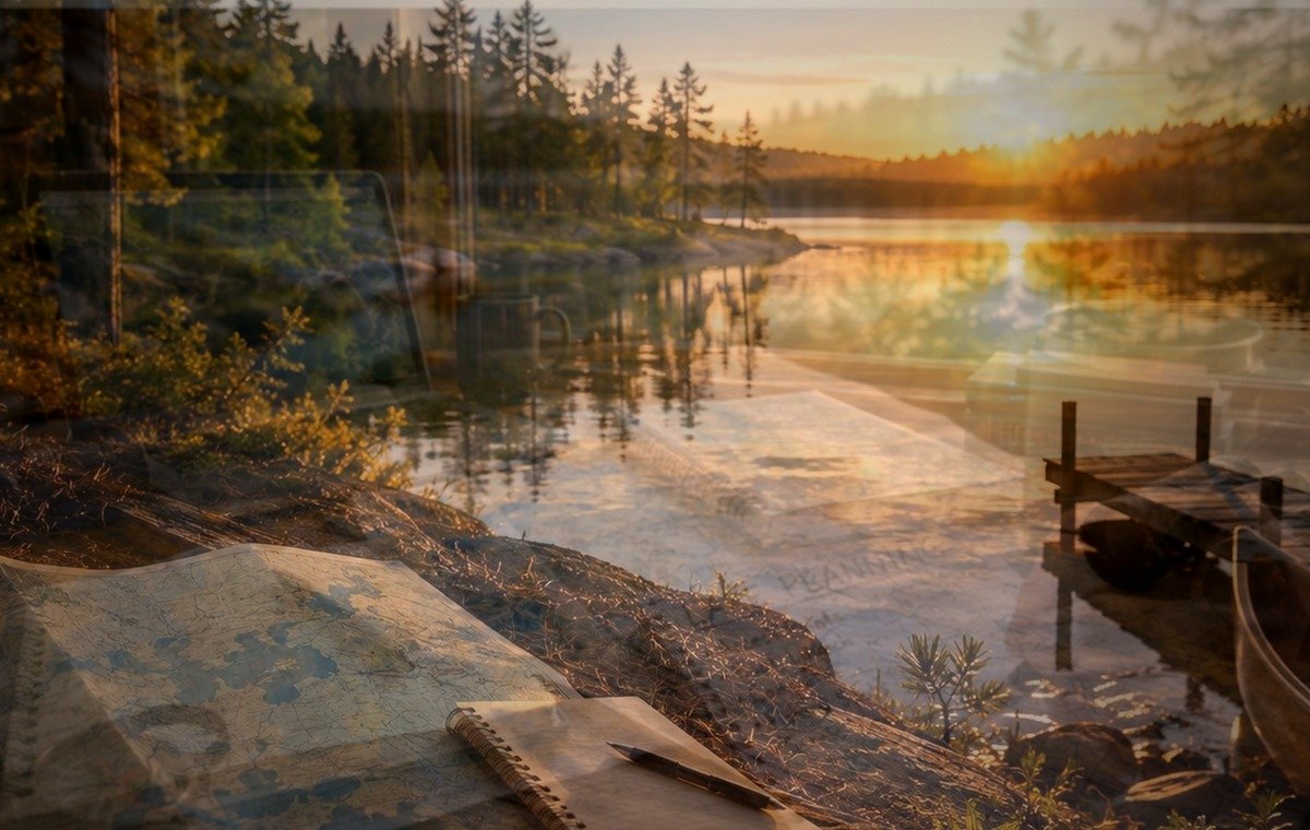 A misty Minnesota lake shoreline at sunrise with a quiet dock and forest path suggesting a helpful way back.