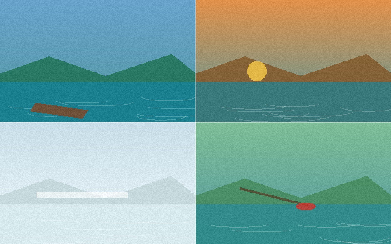 Generated realistic four-season Minnesota lake shoreline showing summer, fall, winter, and spring lake moods.