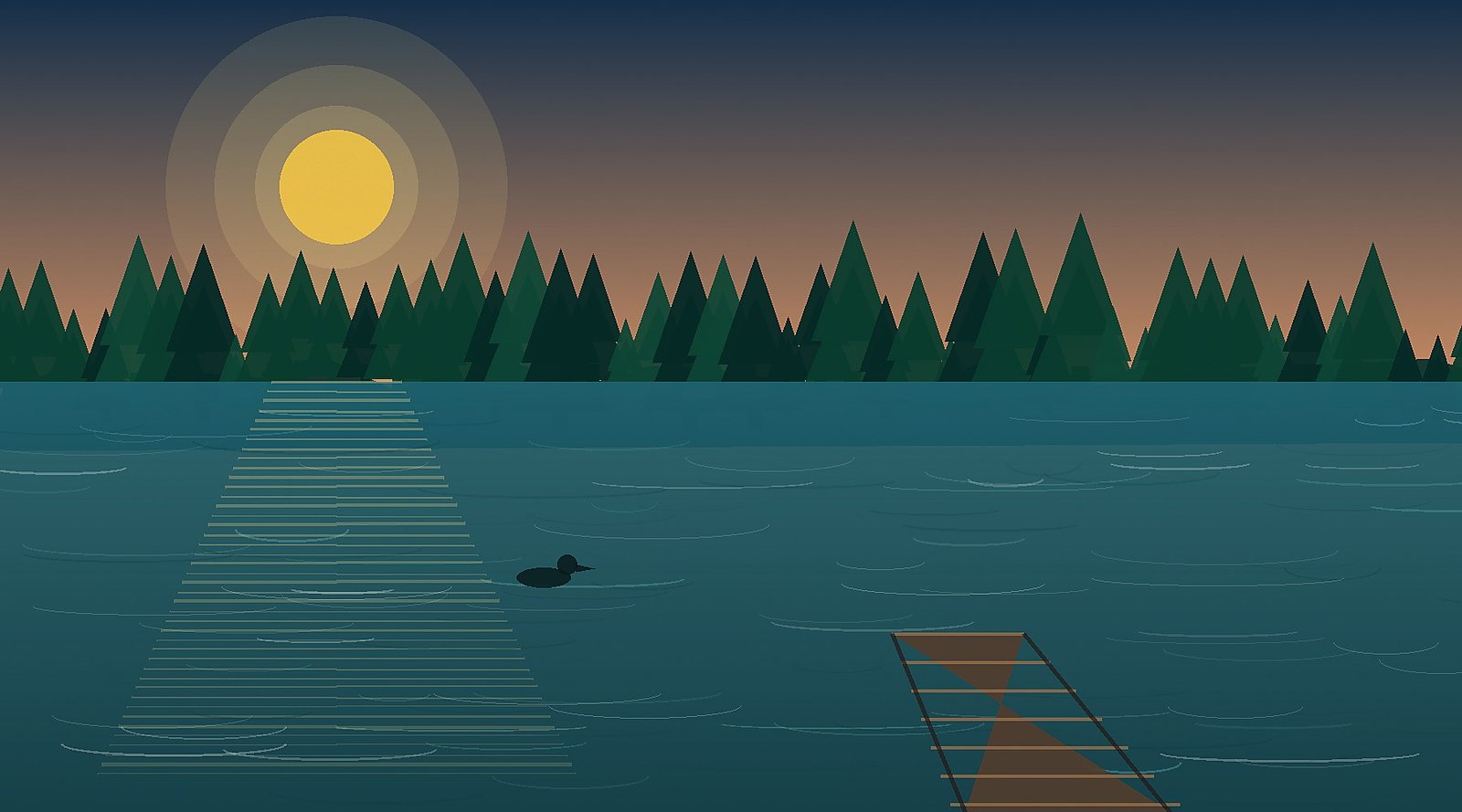Generated realistic illustration of a calm Minnesota lake at sunrise with forest, dock, and reflected sky