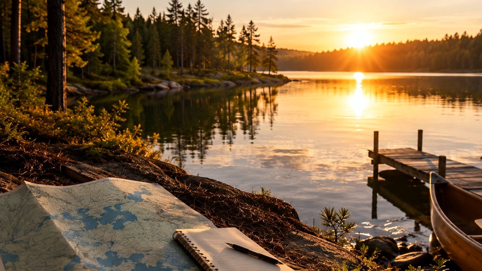 A realistic Minnesota lake planning scene with maps, shoreline, and clear water for searching lake routes.